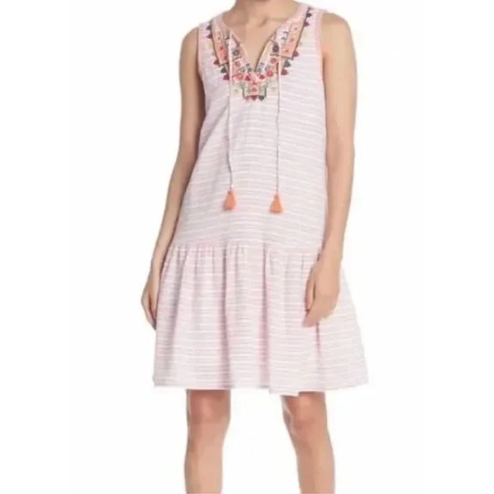 Beachlunchlounge Collection Embroidered Tassel Pink White Striped Dress XL‎